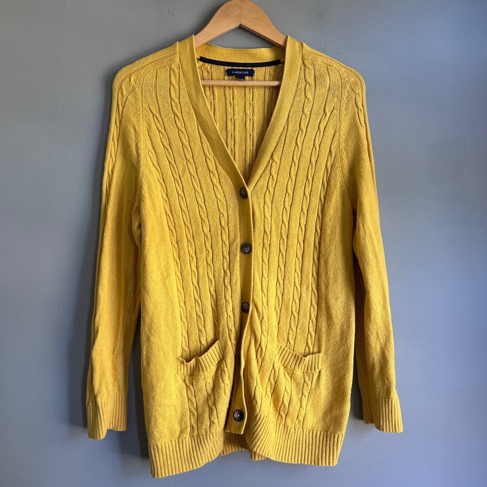 Lands End Womens Mustard Yellow Cable Knit Cardigan Sweater M 10-12 381822